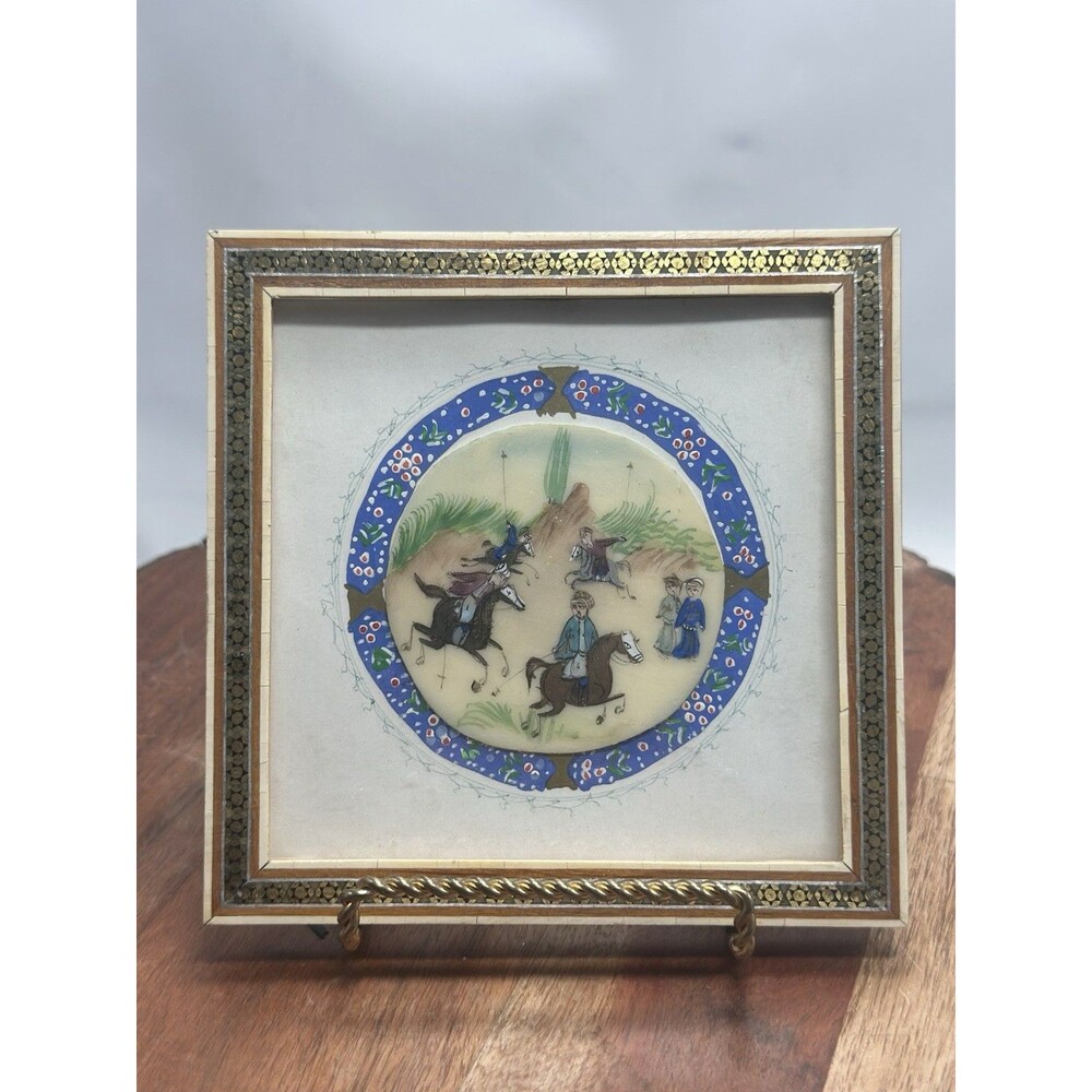 Persian Polo Scene Camel Bone Khatam Inlaid Frame Art
